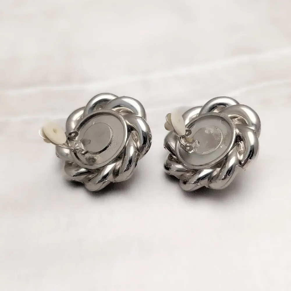 Vintage Clip On Earrings Extra Large Silver Tone Chunky Twist Halo Statement